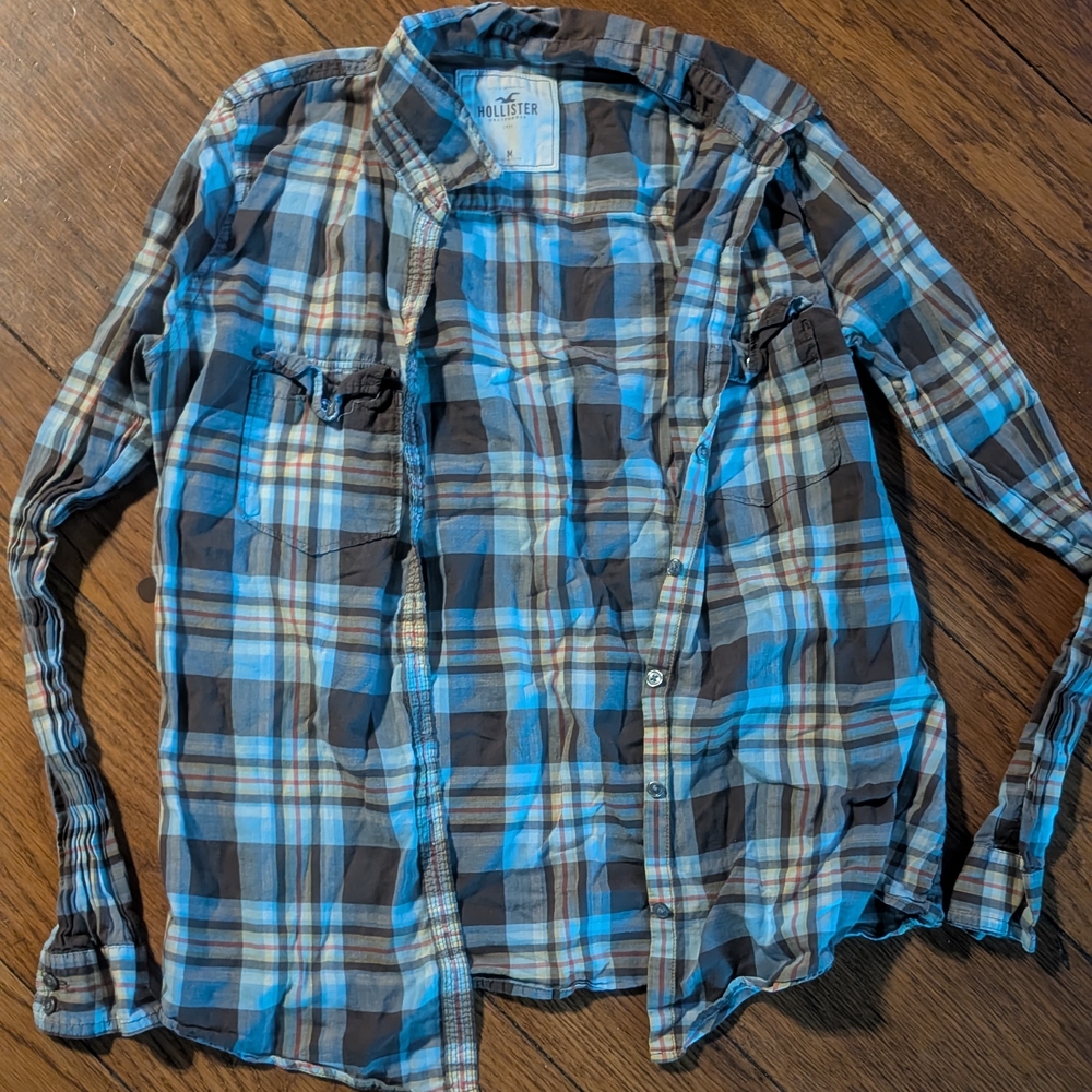 Vintage Hollister Women's Casual Blue and Brown Plaid Shirt